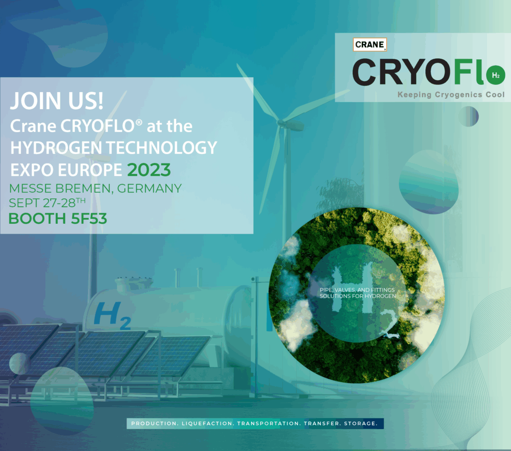 A poster of Crane CRYOFlo saying 'JOIN US! Crane CRYOFLO at the HYDRGOEN TECHNOLOGY EXPO EUROPE 2023, MESSE BREMEN, GERMANY SEPT 27-28TH, BOOTH 5F53