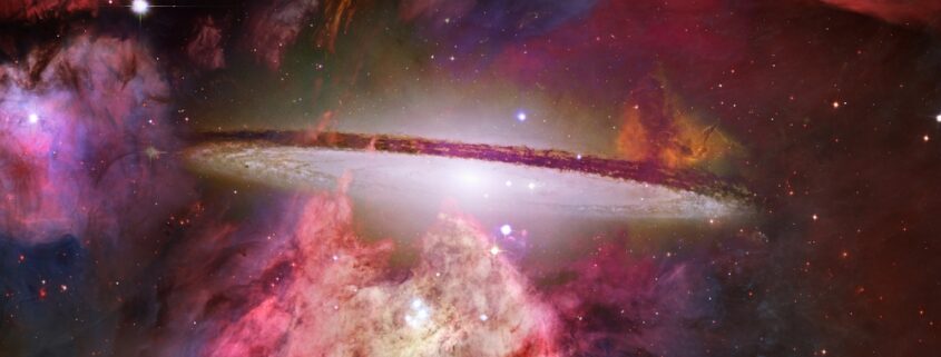 Photograph of a pink nebula in space, surrounded by stars.